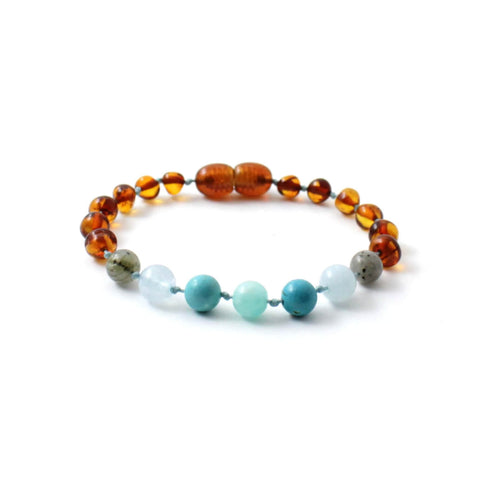 BARNSTEEN ARMBAND COGNAC & TURKOOIS - AQUAMARIJN - LABRADORIET - AMAZONIET