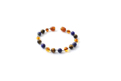 BARNSTEEN ARMBAND COGNAC & TIJGEROOG - LAPIS LAZULI